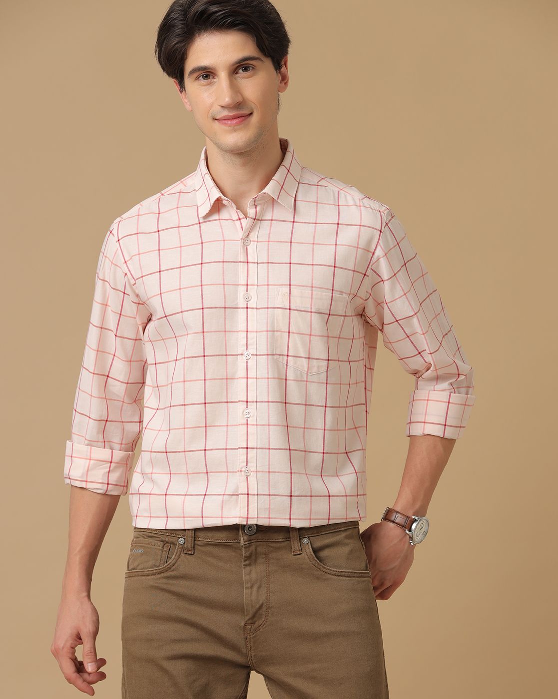Men's Blended Linen Orange Checked Contemporary Fit Full Sleeve Casual Shirt