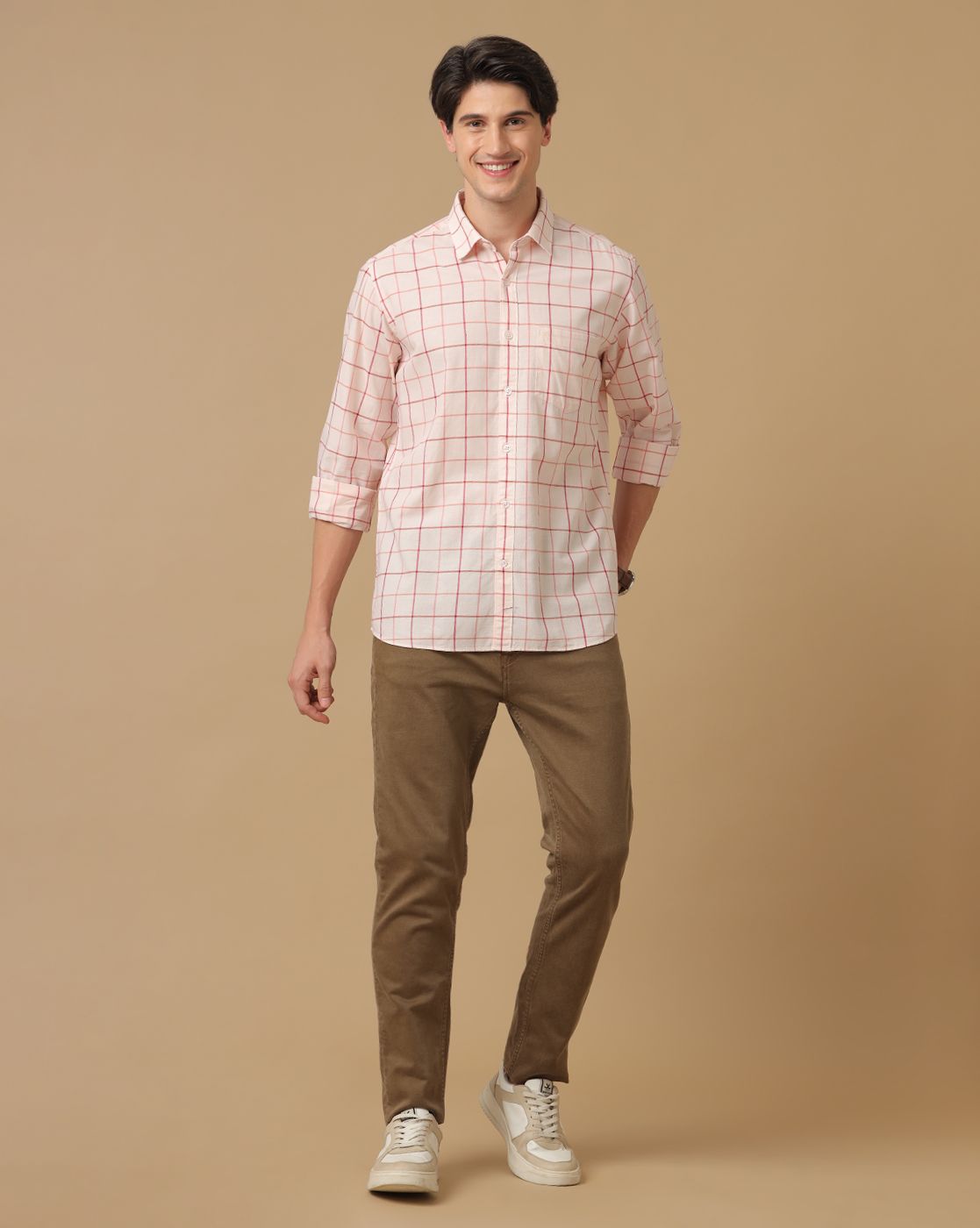 Men's Blended Linen Orange Checked Contemporary Fit Full Sleeve Casual Shirt