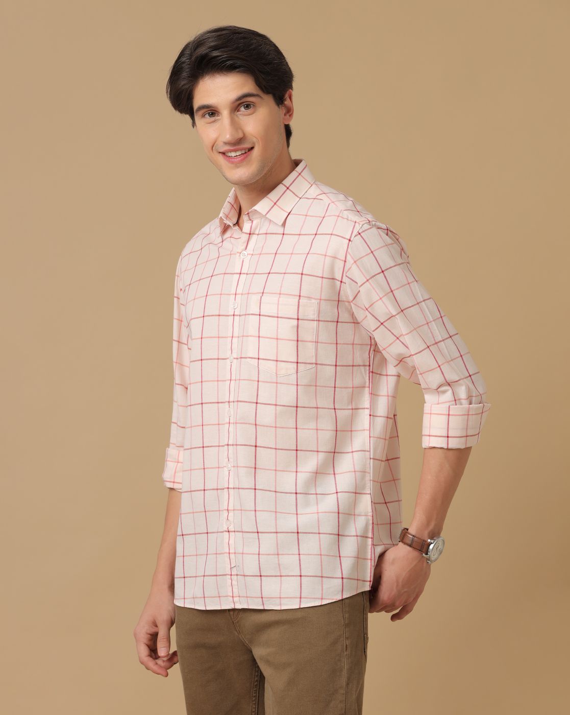 Men's Blended Linen Orange Checked Contemporary Fit Full Sleeve Casual Shirt