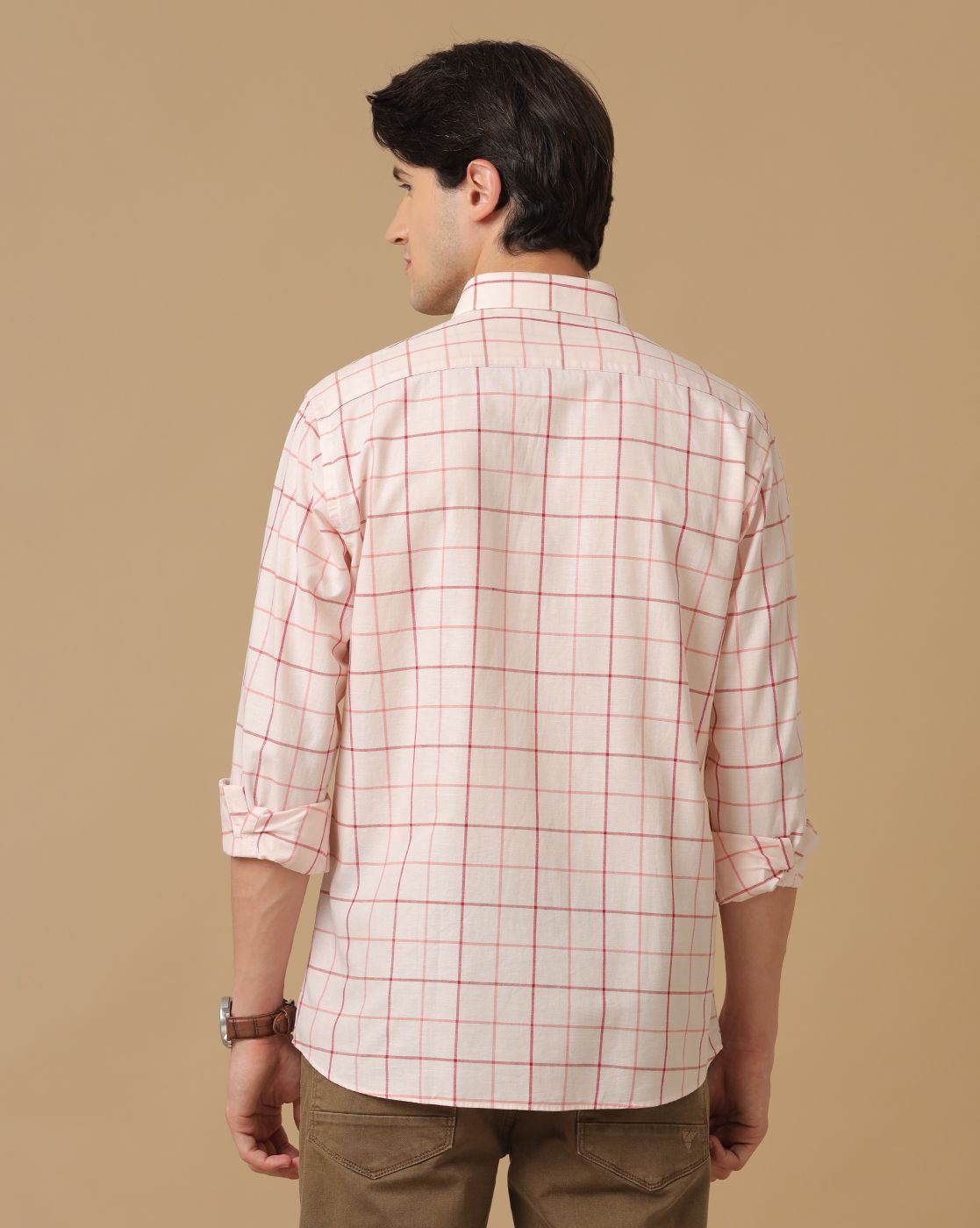 Men's Blended Linen Orange Checked Contemporary Fit Full Sleeve Casual Shirt