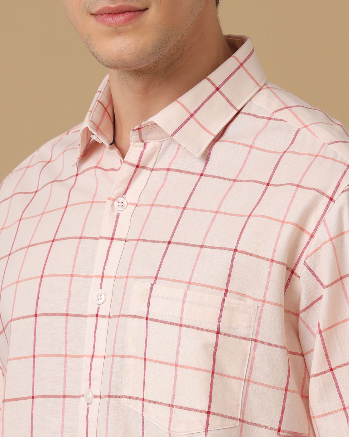 Men's Blended Linen Orange Checked Contemporary Fit Full Sleeve Casual Shirt