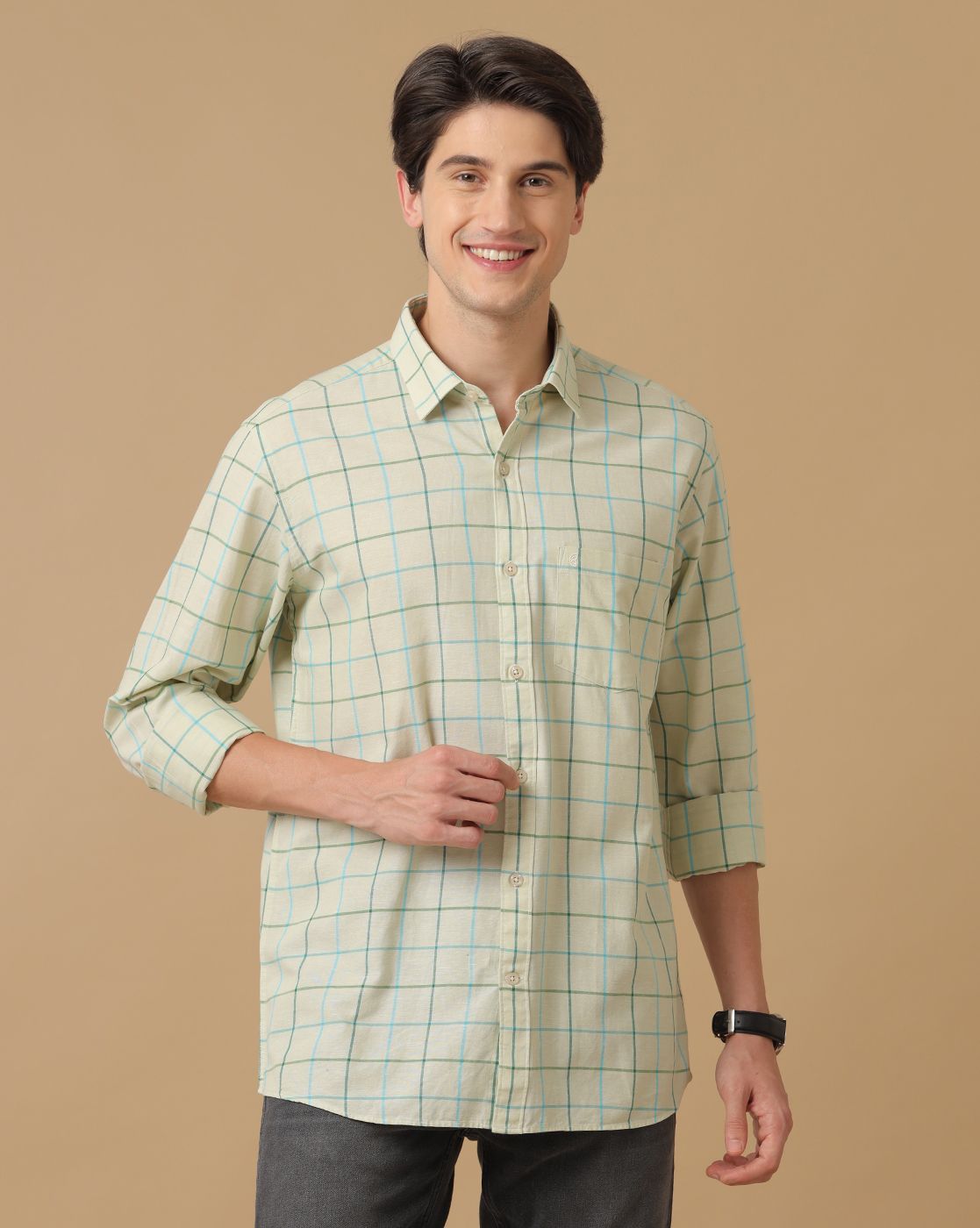 Men's Blended Linen Green Checked Contemporary Fit Full Sleeve Casual Shirt