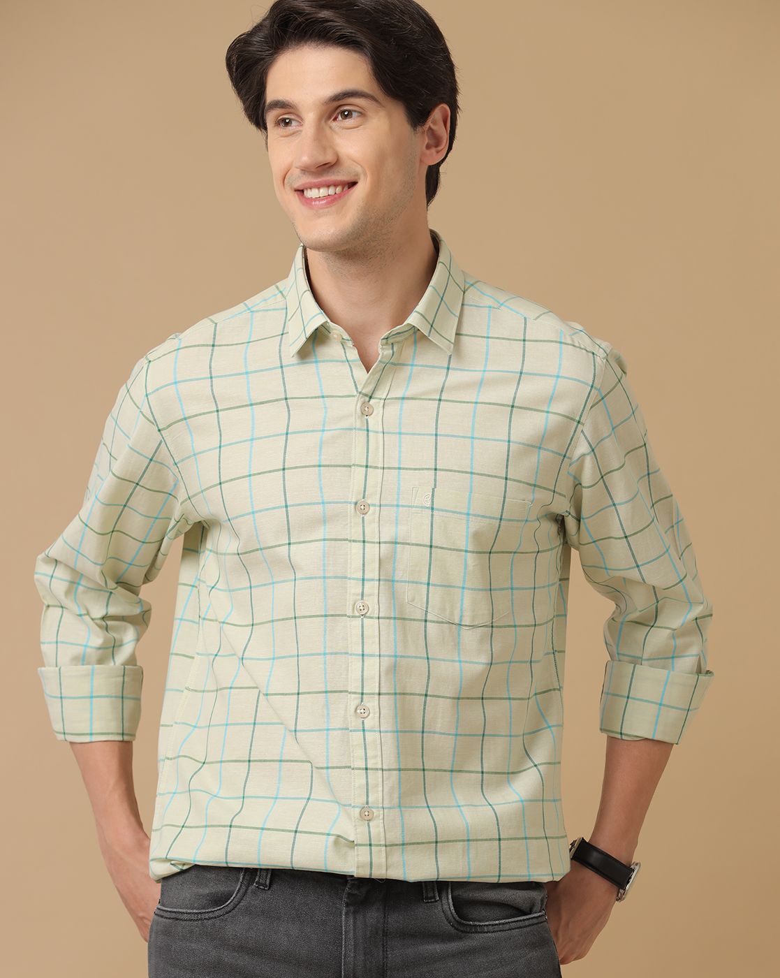 Men's Blended Linen Green Checked Contemporary Fit Full Sleeve Casual Shirt