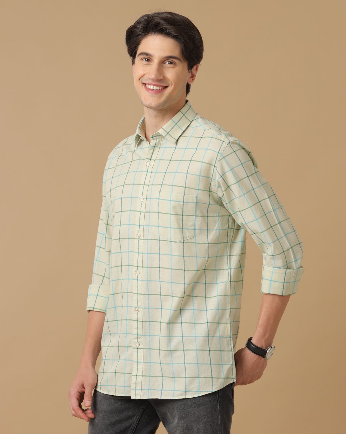 Men's Blended Linen Green Checked Contemporary Fit Full Sleeve Casual Shirt