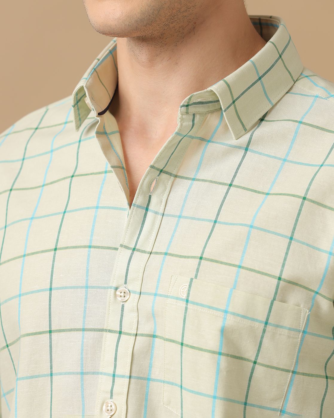 Men's Blended Linen Green Checked Contemporary Fit Full Sleeve Casual Shirt