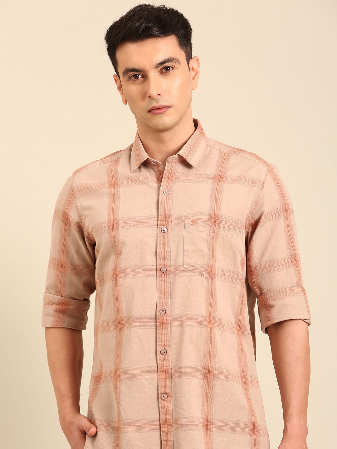 CAVALLO by Linen Club Men's Blended Linen Natural Checkered Contemporary Fit Full Sleeve Casual Shirt