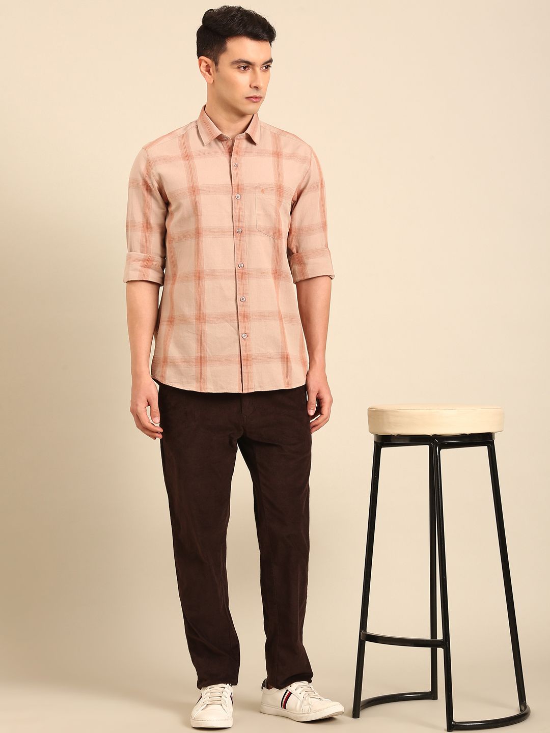CAVALLO by Linen Club Men's Blended Linen Natural Checkered Contemporary Fit Full Sleeve Casual Shirt