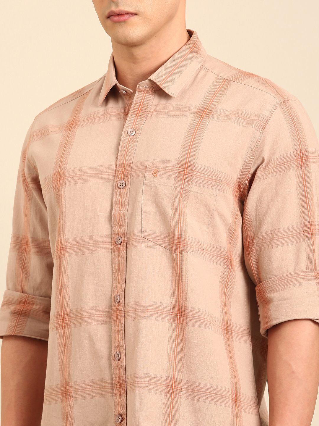 CAVALLO by Linen Club Men's Blended Linen Natural Checkered Contemporary Fit Full Sleeve Casual Shirt