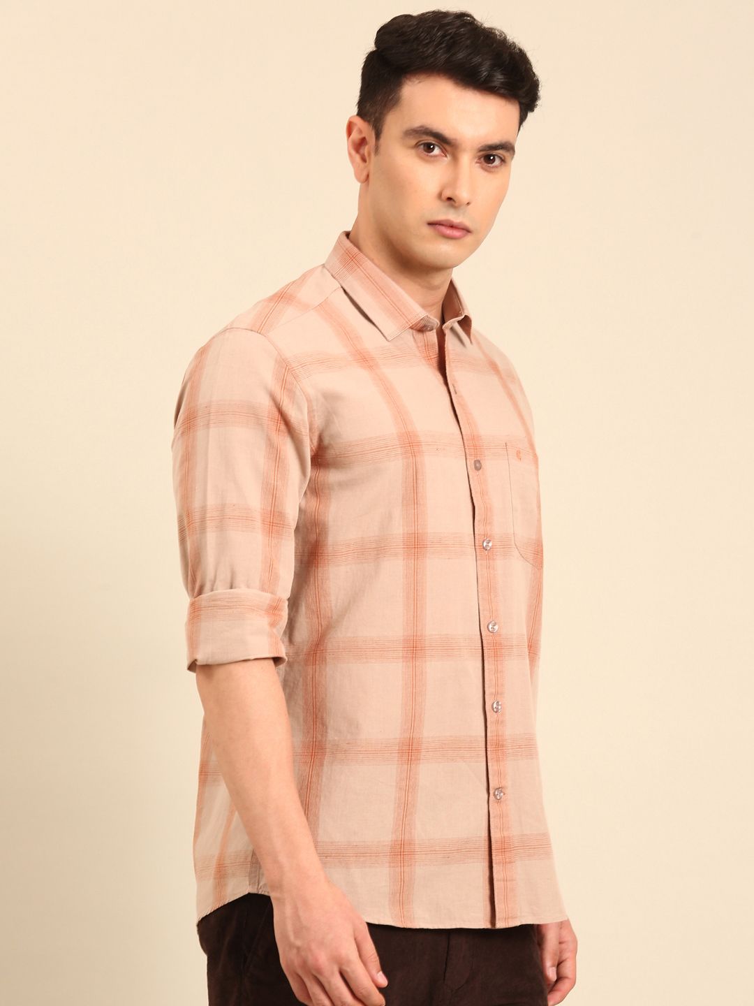 CAVALLO by Linen Club Men's Blended Linen Natural Checkered Contemporary Fit Full Sleeve Casual Shirt