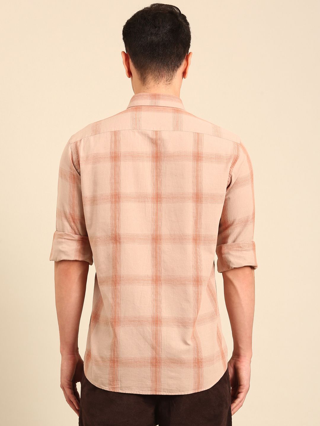 CAVALLO by Linen Club Men's Blended Linen Natural Checkered Contemporary Fit Full Sleeve Casual Shirt