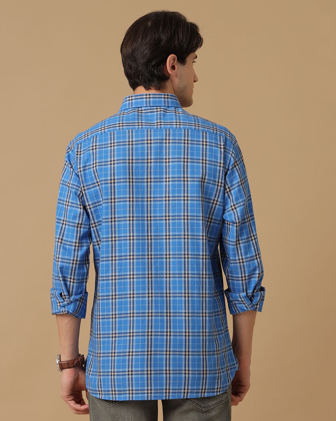 Men's Blended Linen Blue Checked Contemporary Fit Full Sleeve Casual Shirt