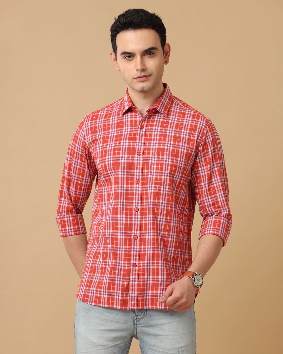 Men's Blended Linen Orange Checked Contemporary Fit Full Sleeve Casual Shirt