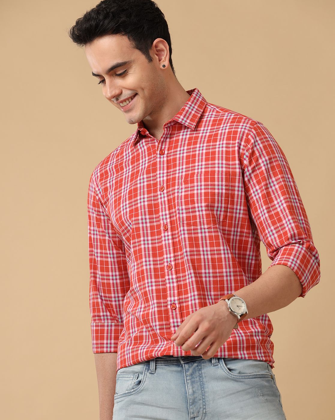 Men's Blended Linen Orange Checked Contemporary Fit Full Sleeve Casual Shirt