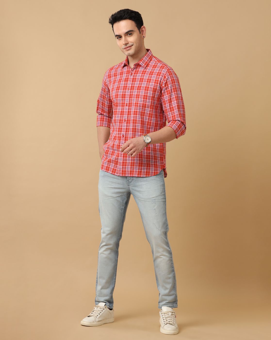 Men's Blended Linen Orange Checked Contemporary Fit Full Sleeve Casual Shirt