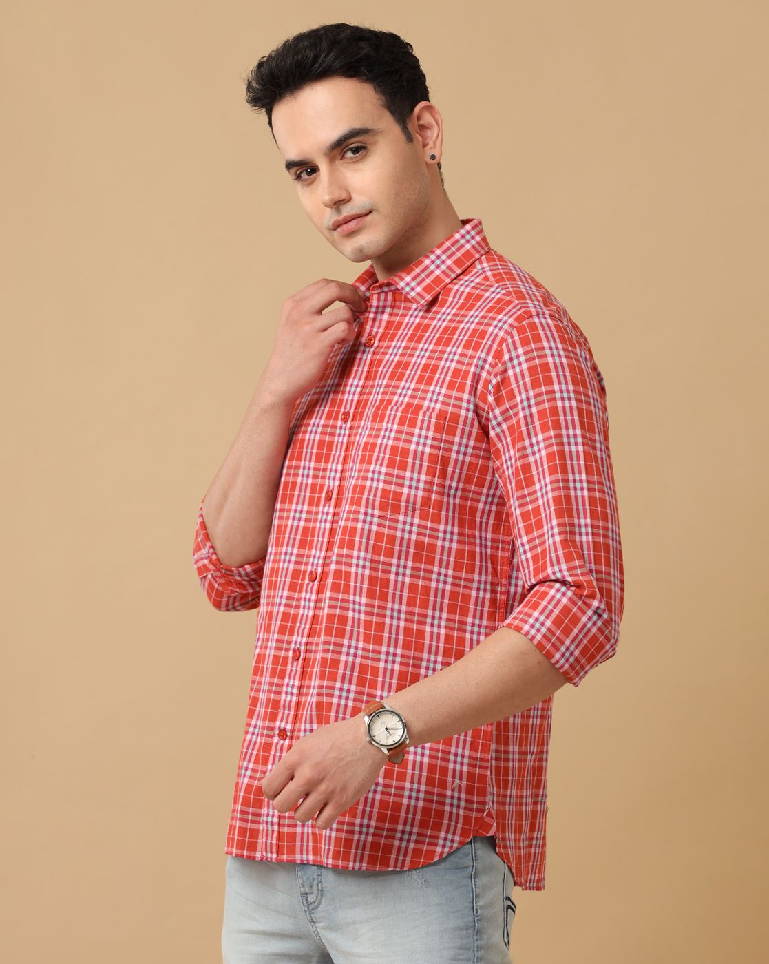 Men's Blended Linen Orange Checked Contemporary Fit Full Sleeve Casual Shirt