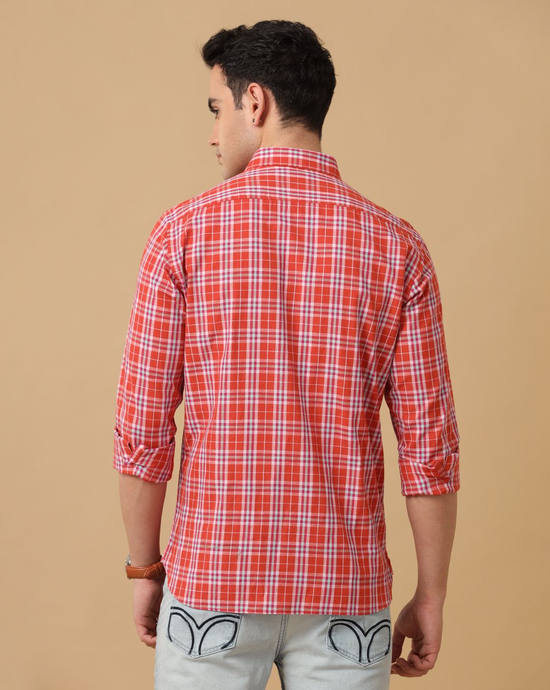 Men's Blended Linen Orange Checked Contemporary Fit Full Sleeve Casual Shirt