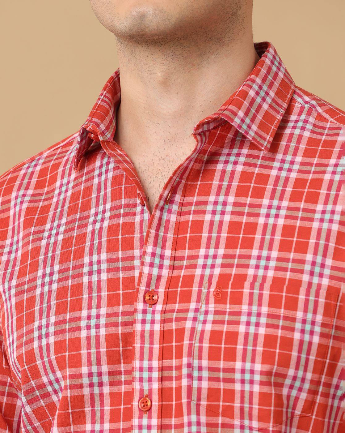 Men's Blended Linen Orange Checked Contemporary Fit Full Sleeve Casual Shirt