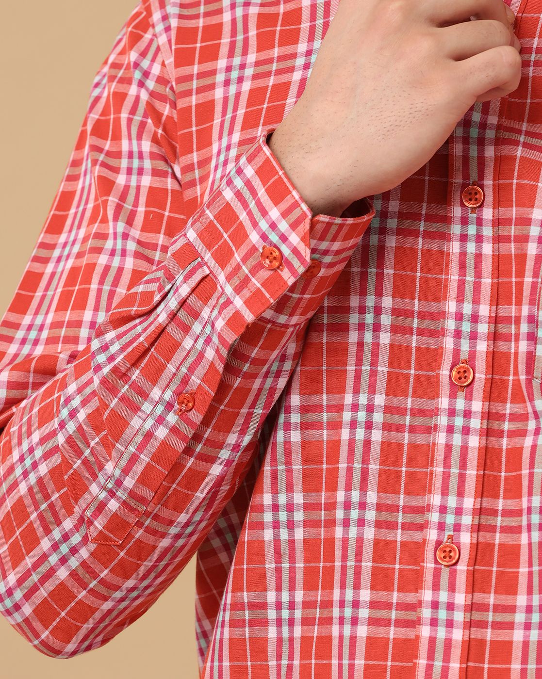 Men's Blended Linen Orange Checked Contemporary Fit Full Sleeve Casual Shirt