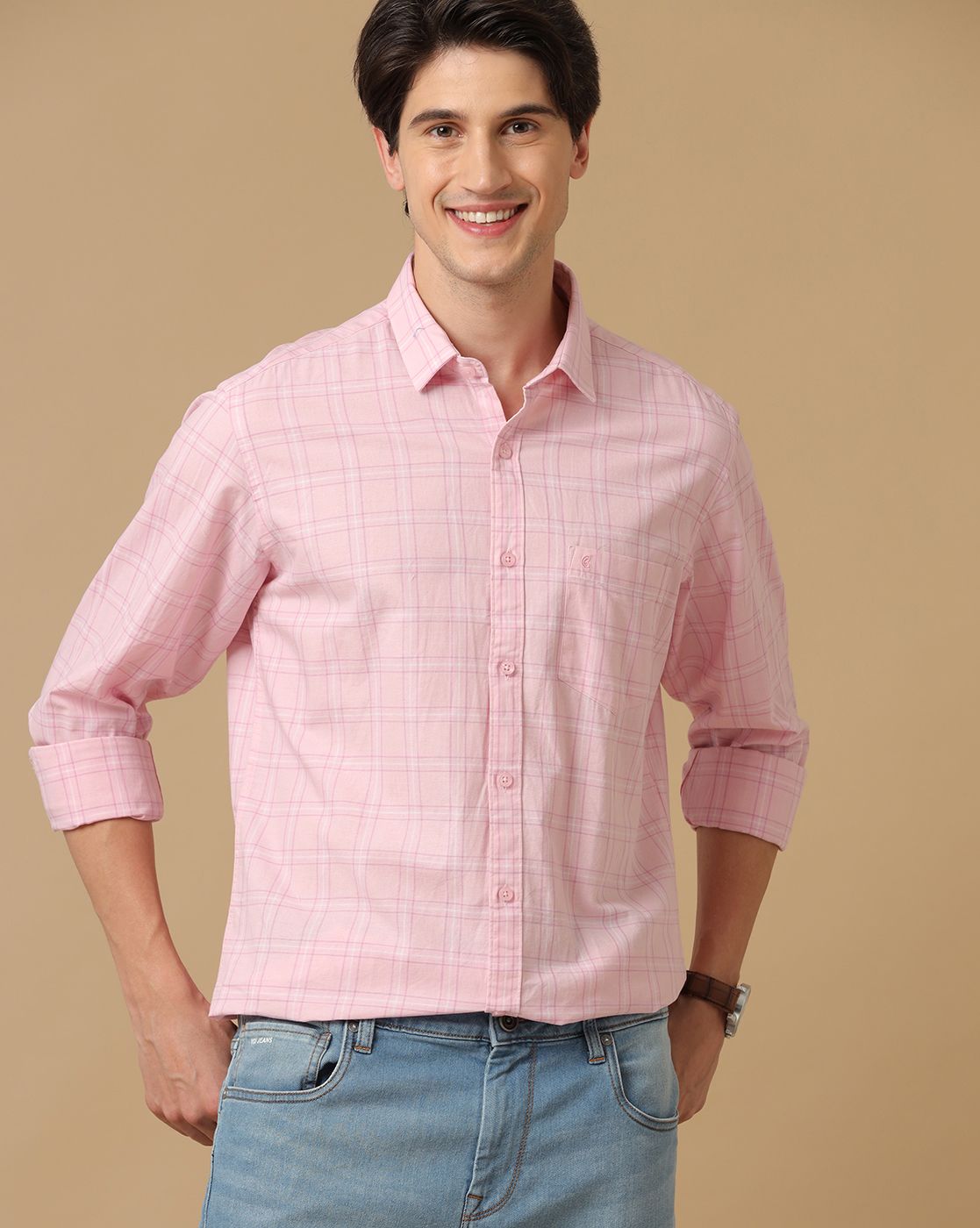 Men's Blended Linen Pink Checked Contemporary Fit Full Sleeve Casual Shirt Men's Blended Linen Pink Checked Contemporary Fit Full Sleeve Casual Shirt