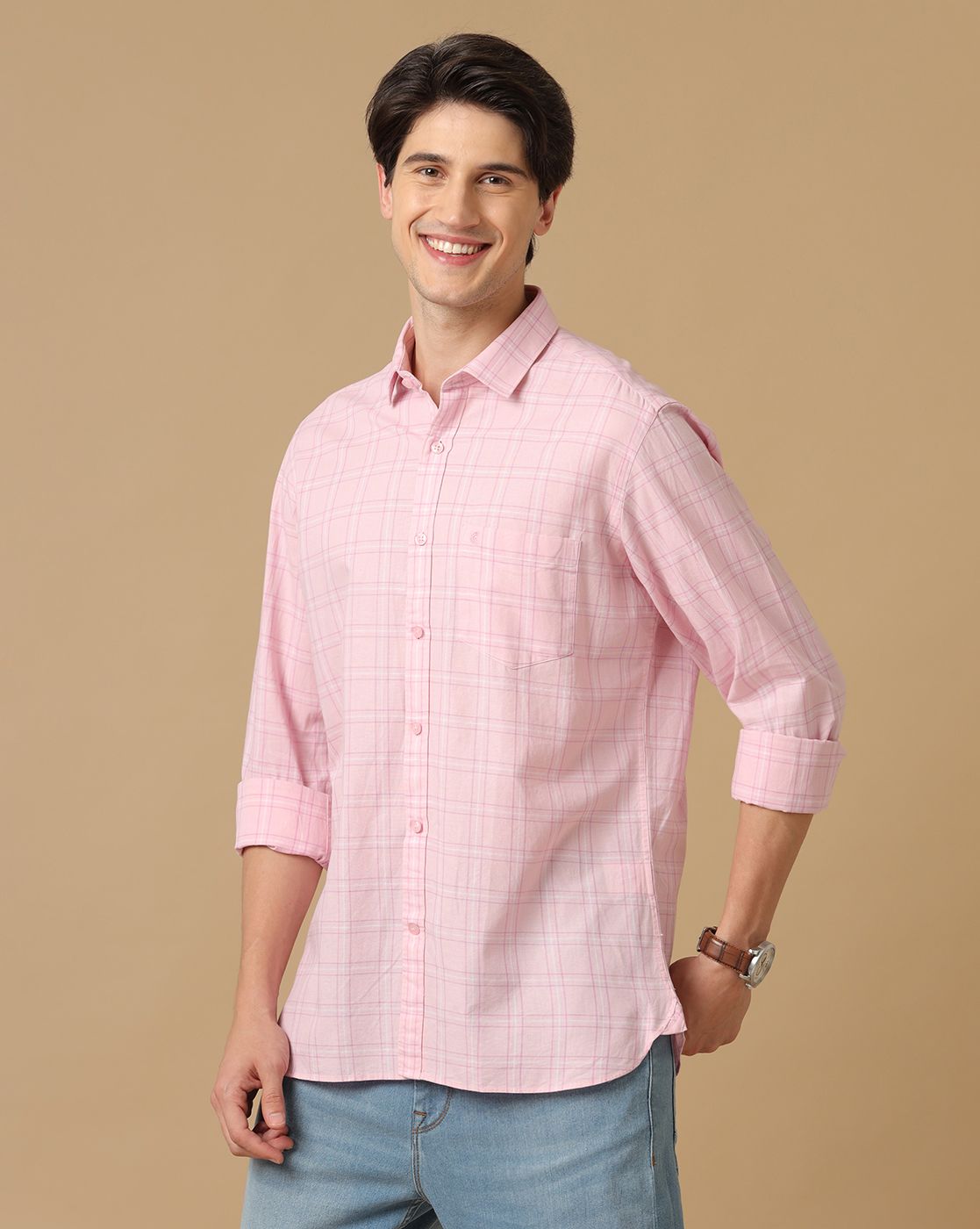 Men's Blended Linen Pink Checked Contemporary Fit Full Sleeve Casual Shirt Men's Blended Linen Pink Checked Contemporary Fit Full Sleeve Casual Shirt