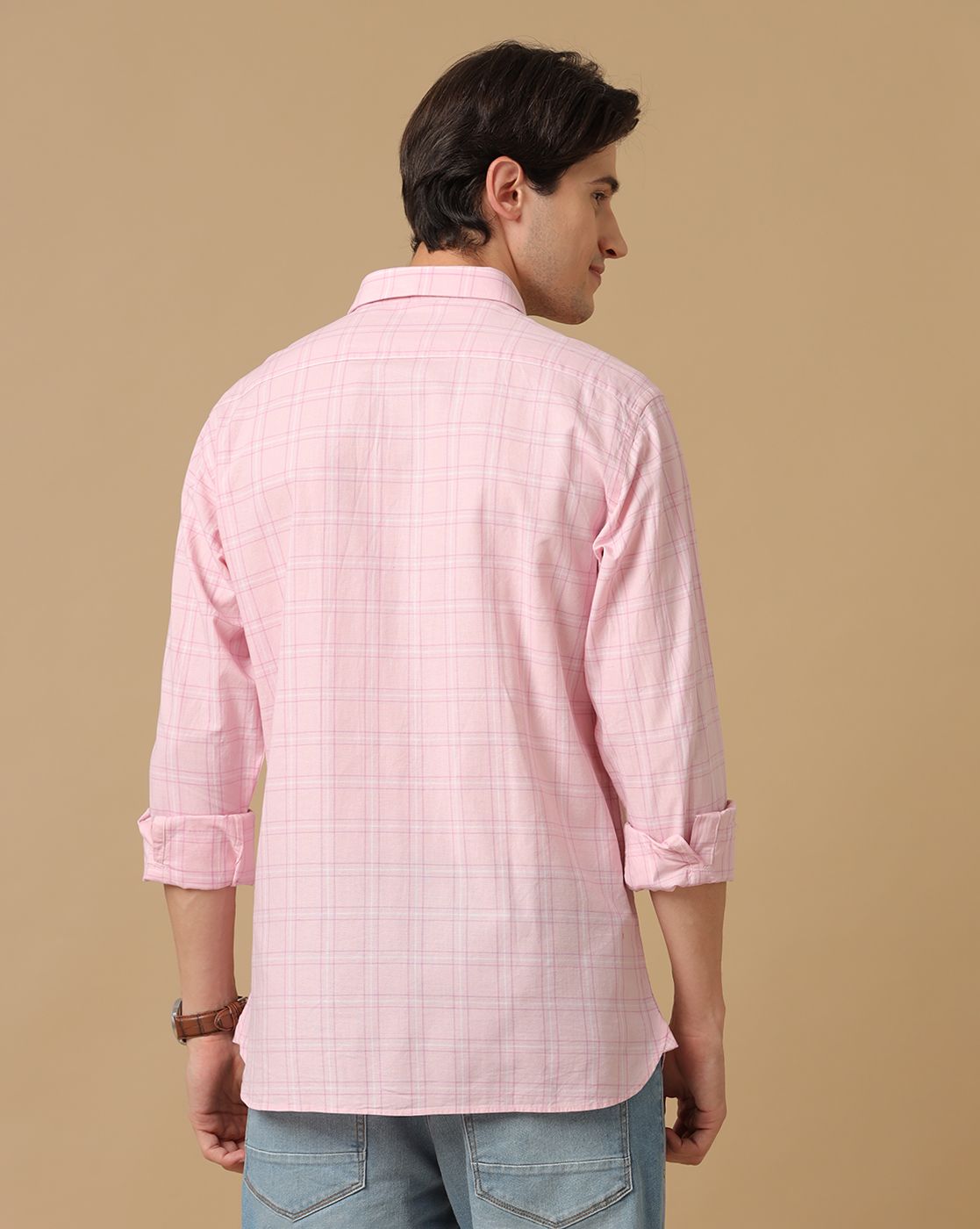 Men's Blended Linen Pink Checked Contemporary Fit Full Sleeve Casual Shirt Men's Blended Linen Pink Checked Contemporary Fit Full Sleeve Casual Shirt