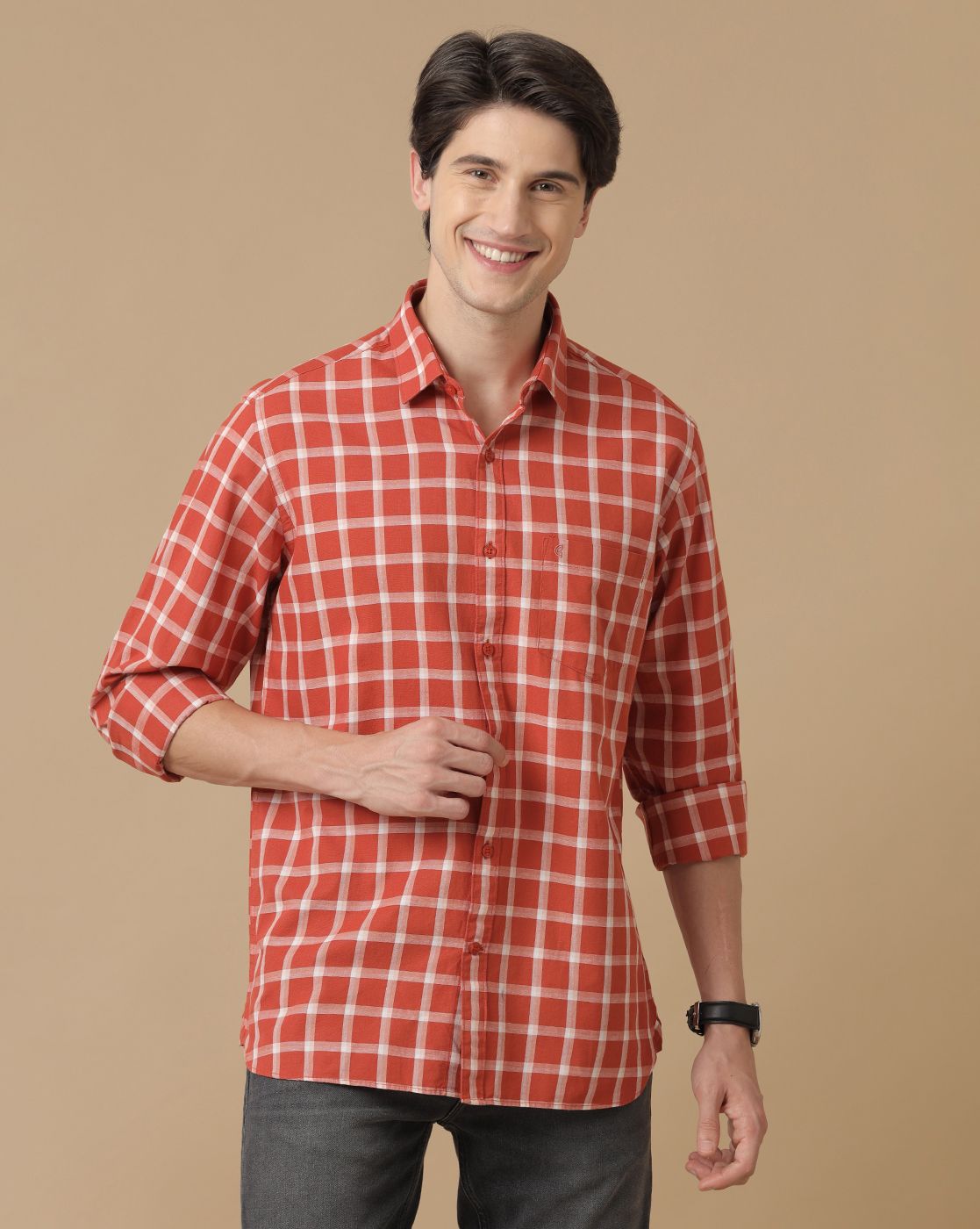 Men's Blended Linen Orange Checked Contemporary Fit Full Sleeve Casual Shirt