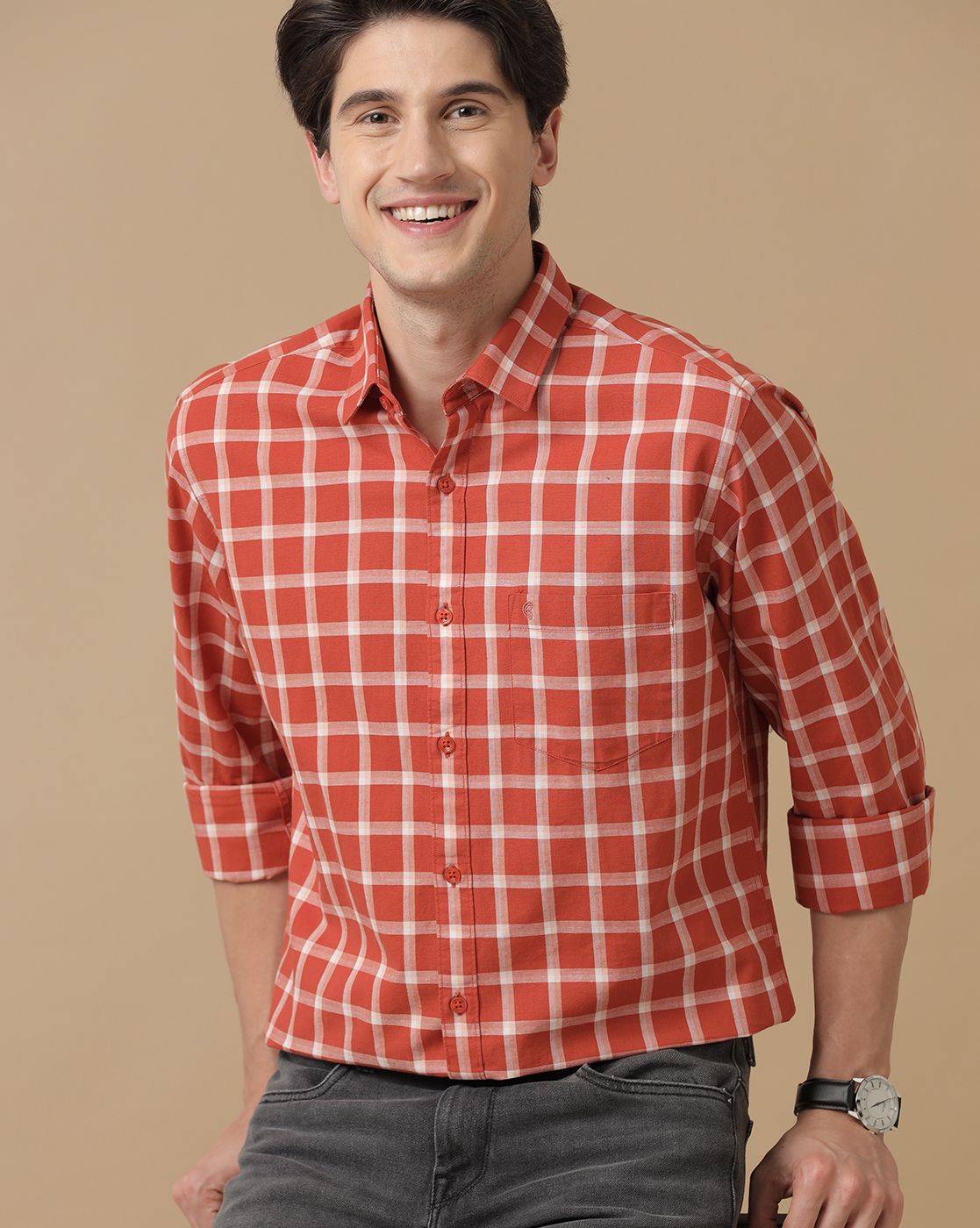 Men's Blended Linen Orange Checked Contemporary Fit Full Sleeve Casual Shirt
