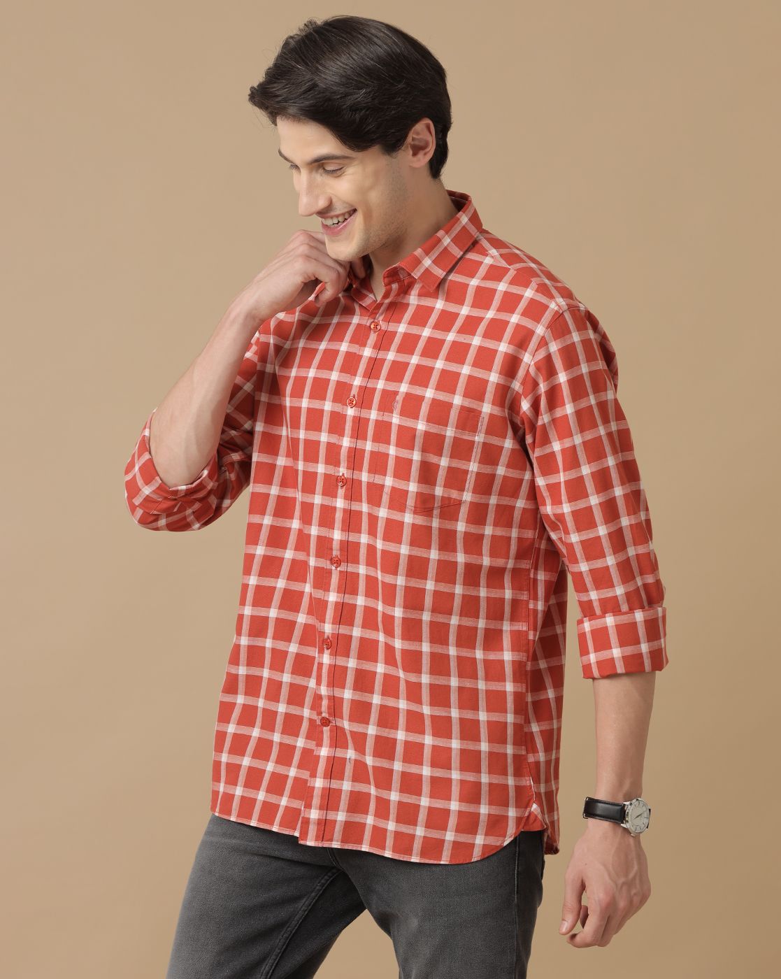 Men's Blended Linen Orange Checked Contemporary Fit Full Sleeve Casual Shirt