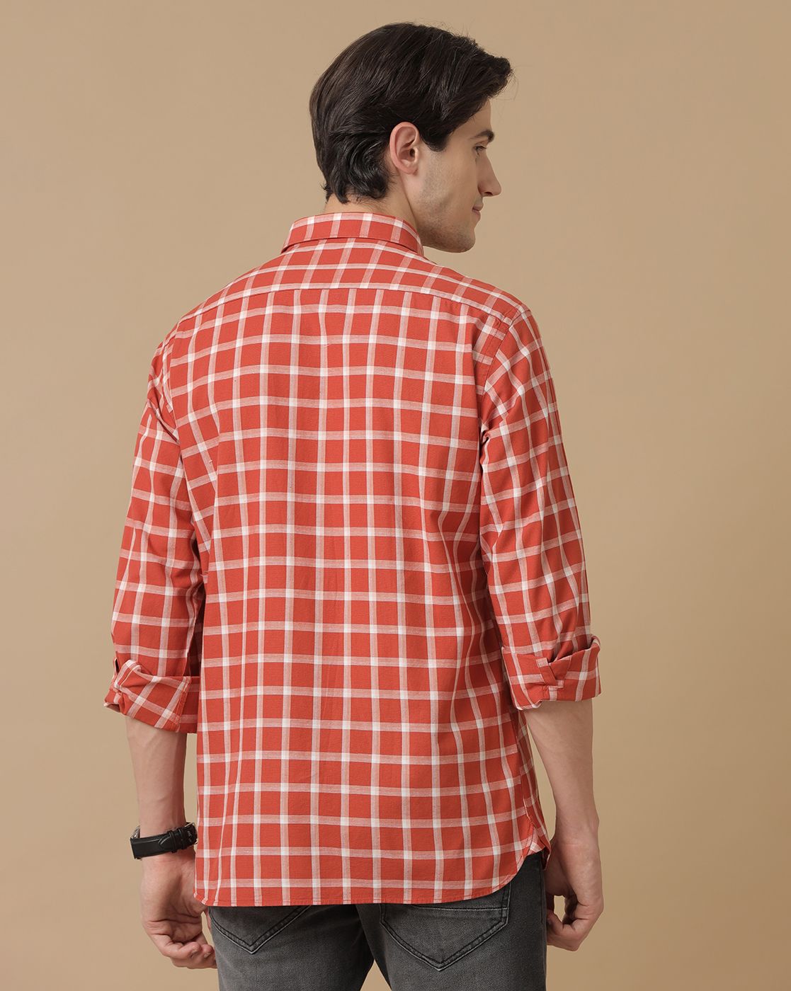 Men's Blended Linen Orange Checked Contemporary Fit Full Sleeve Casual Shirt