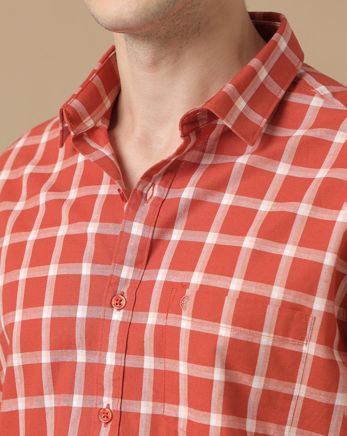 Men's Blended Linen Orange Checked Contemporary Fit Full Sleeve Casual Shirt