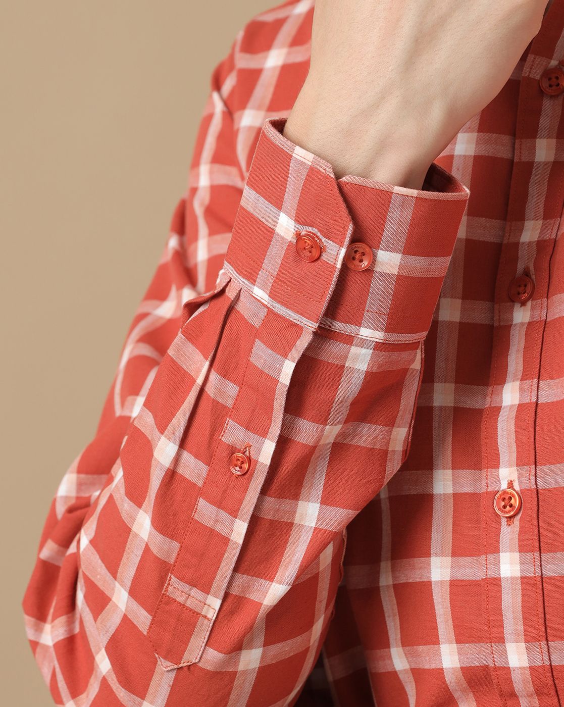 Men's Blended Linen Orange Checked Contemporary Fit Full Sleeve Casual Shirt