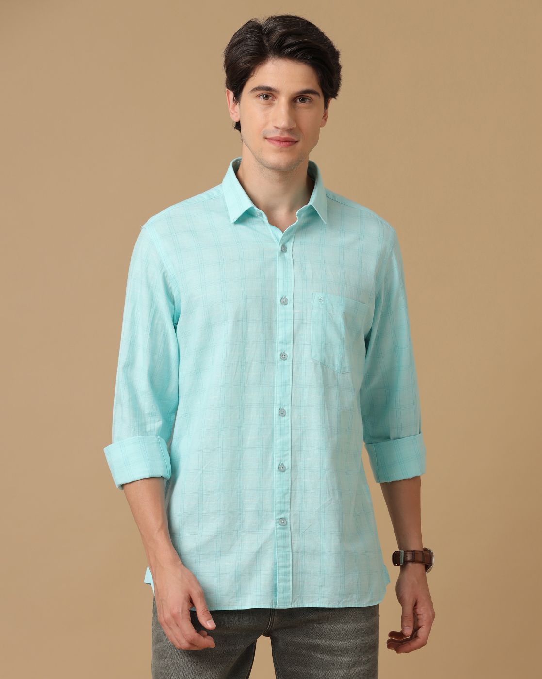 Men's Blended Linen Green Checked Contemporary Fit Full Sleeve Casual Shirt
