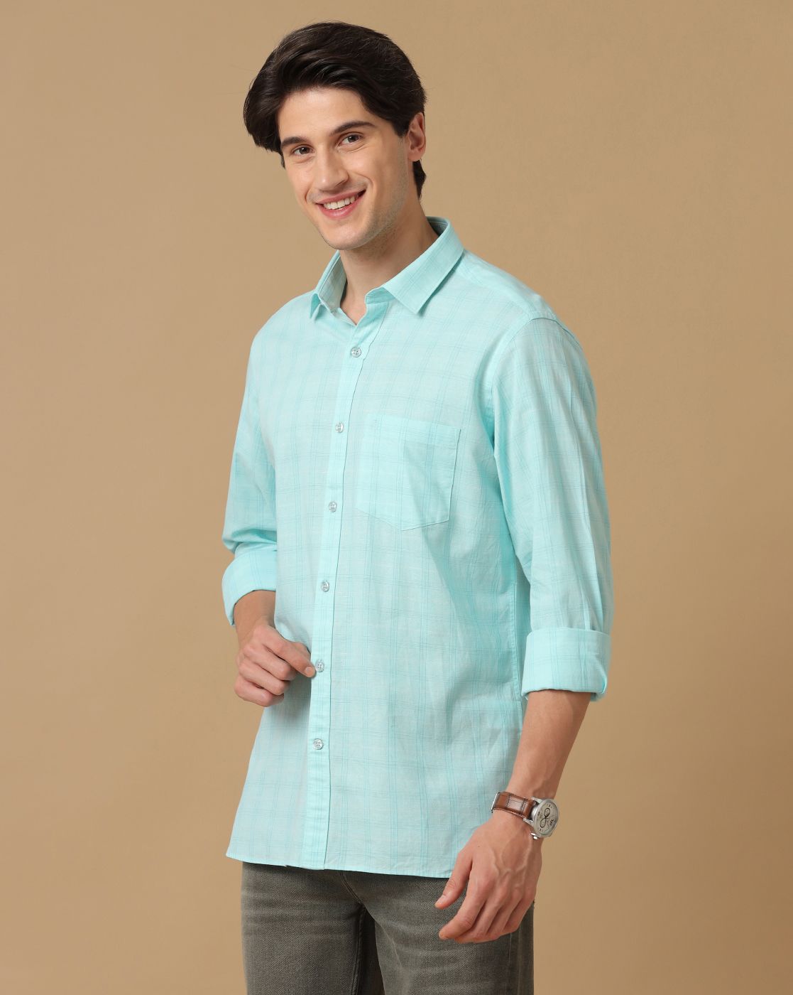 Men's Blended Linen Green Checked Contemporary Fit Full Sleeve Casual Shirt