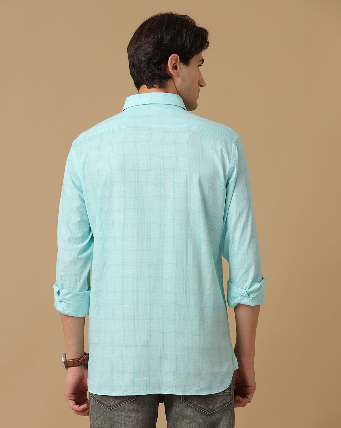Men's Blended Linen Green Checked Contemporary Fit Full Sleeve Casual Shirt