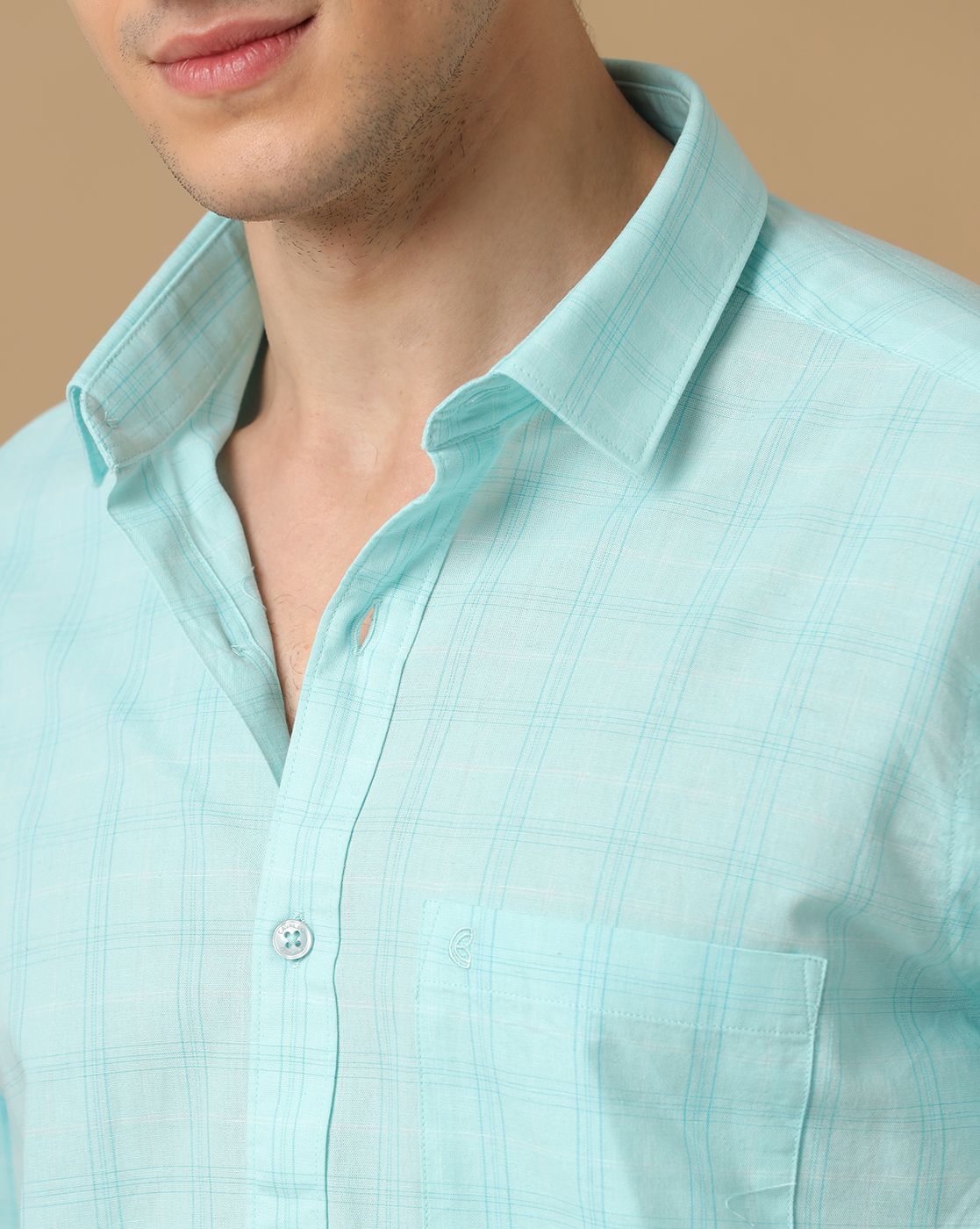 Men's Blended Linen Green Checked Contemporary Fit Full Sleeve Casual Shirt