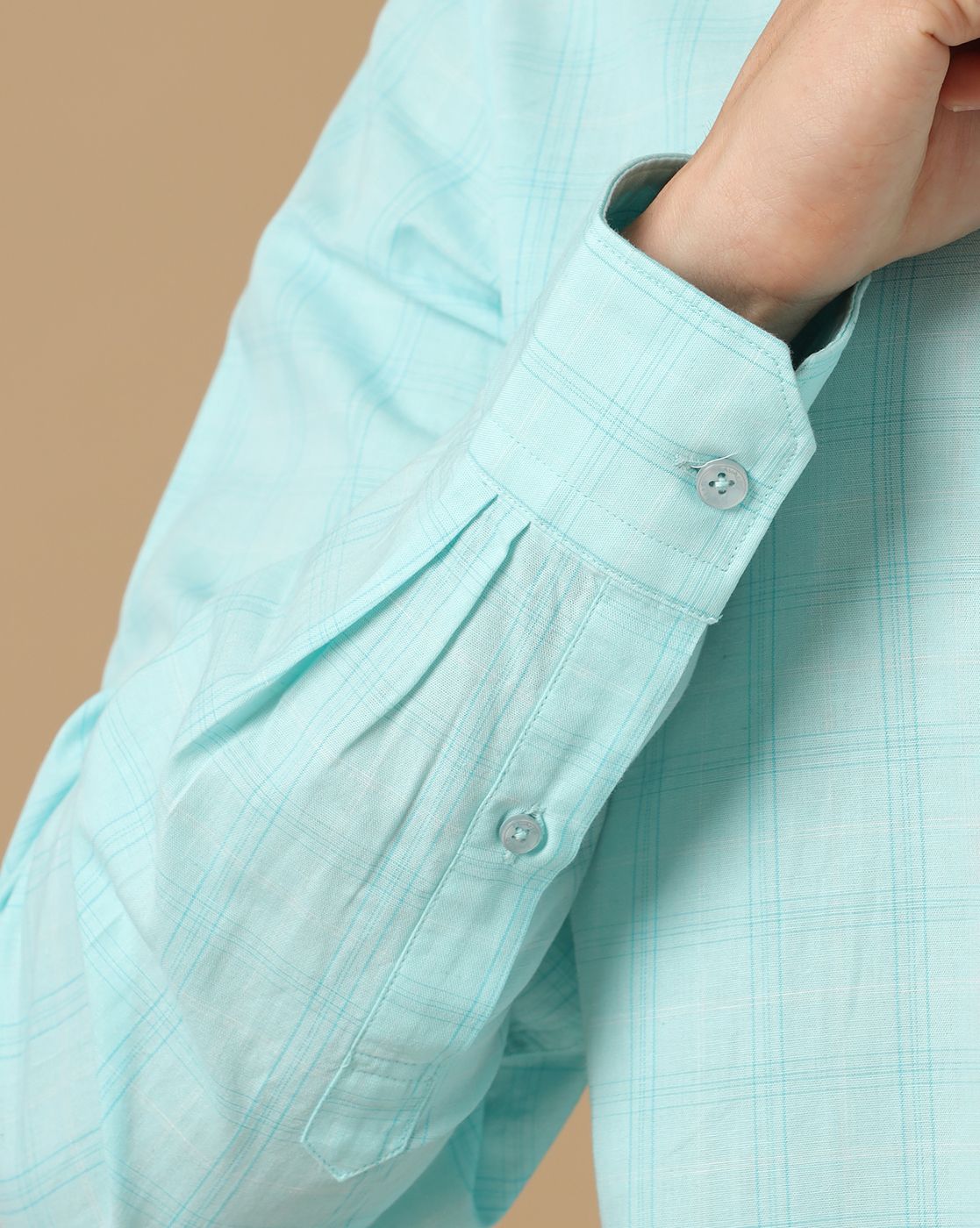Men's Blended Linen Green Checked Contemporary Fit Full Sleeve Casual Shirt