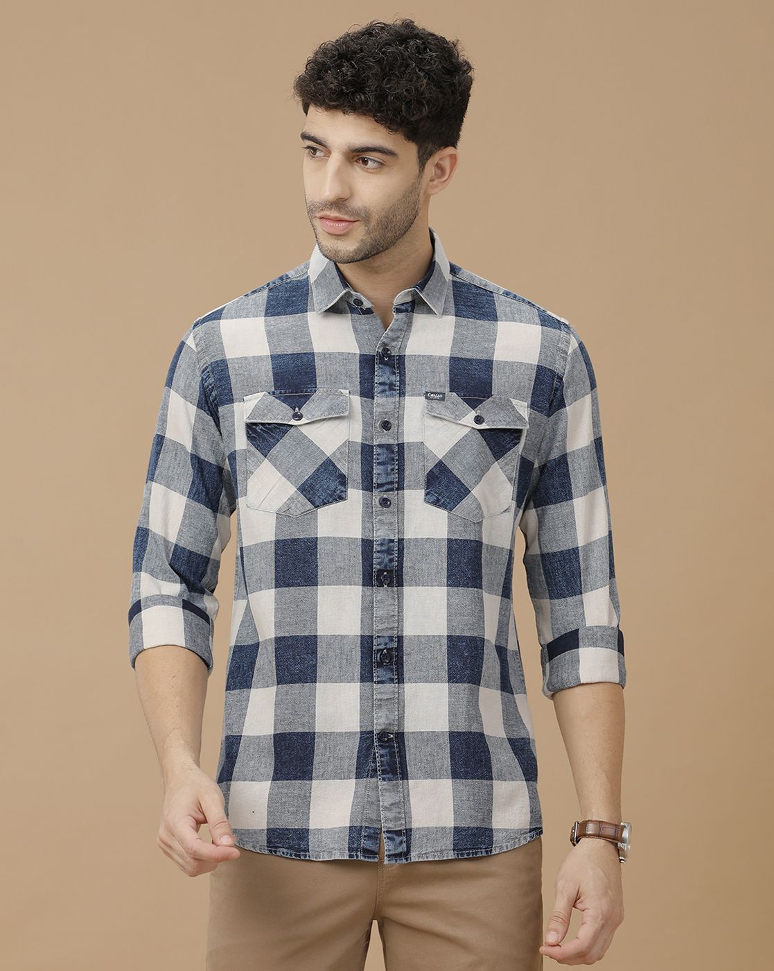 Men's Blended Linen Blue Checked Contemporary Fit Full Sleeve Casual Shirt