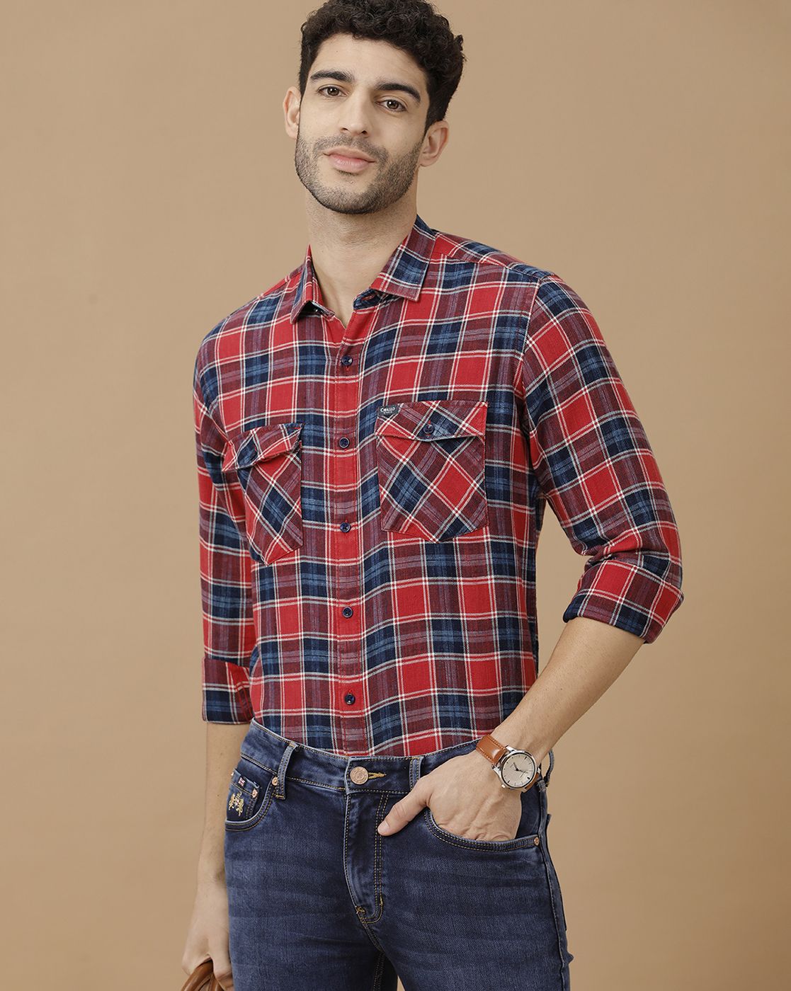 Men's Blended Linen Red Checked Contemporary Fit Full Sleeve Casual Shirt