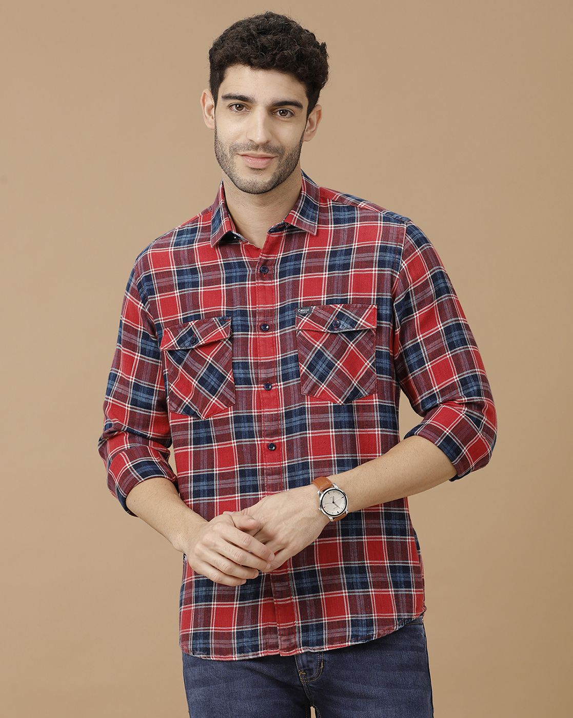 Men's Blended Linen Red Checked Contemporary Fit Full Sleeve Casual Shirt
