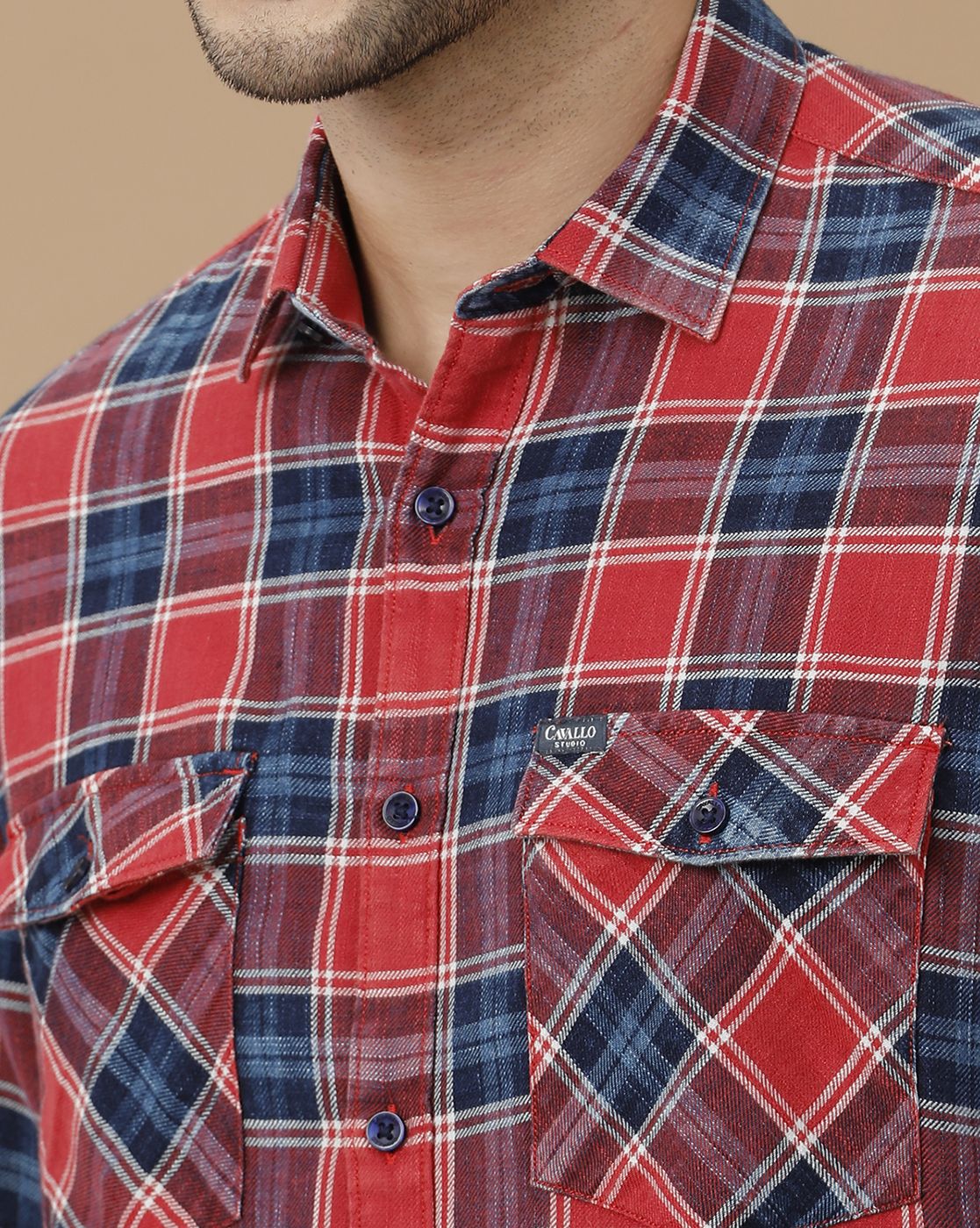 Men's Blended Linen Red Checked Contemporary Fit Full Sleeve Casual Shirt