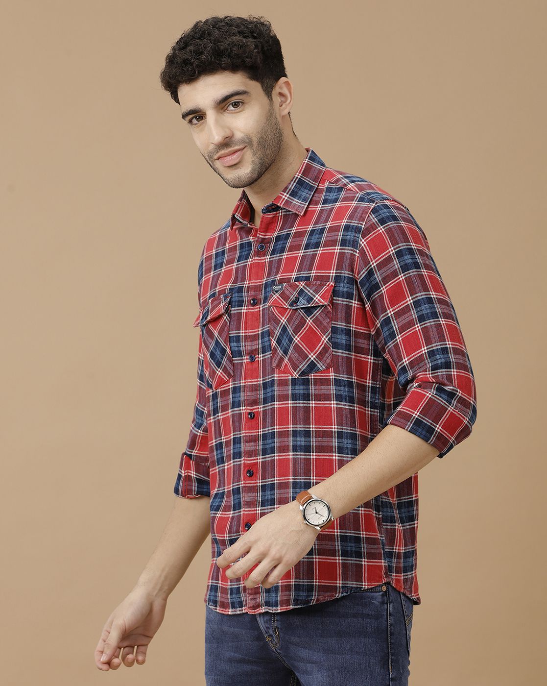 Men's Blended Linen Red Checked Contemporary Fit Full Sleeve Casual Shirt