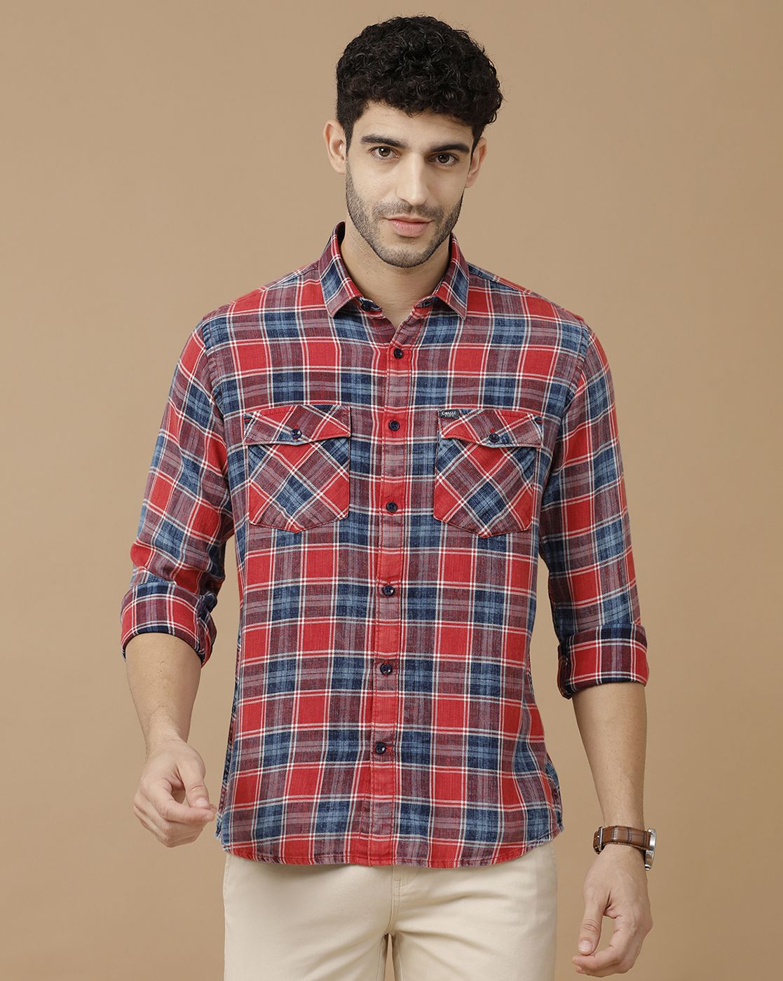 Men's Blended Linen Red Checked Contemporary Fit Full Sleeve Casual Shirt