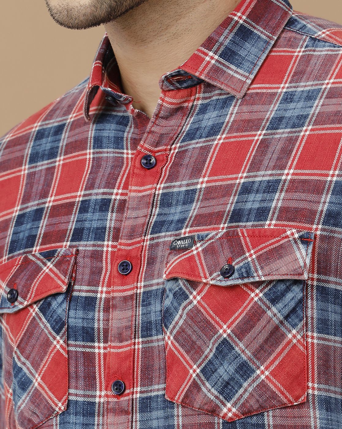 Men's Blended Linen Red Checked Contemporary Fit Full Sleeve Casual Shirt