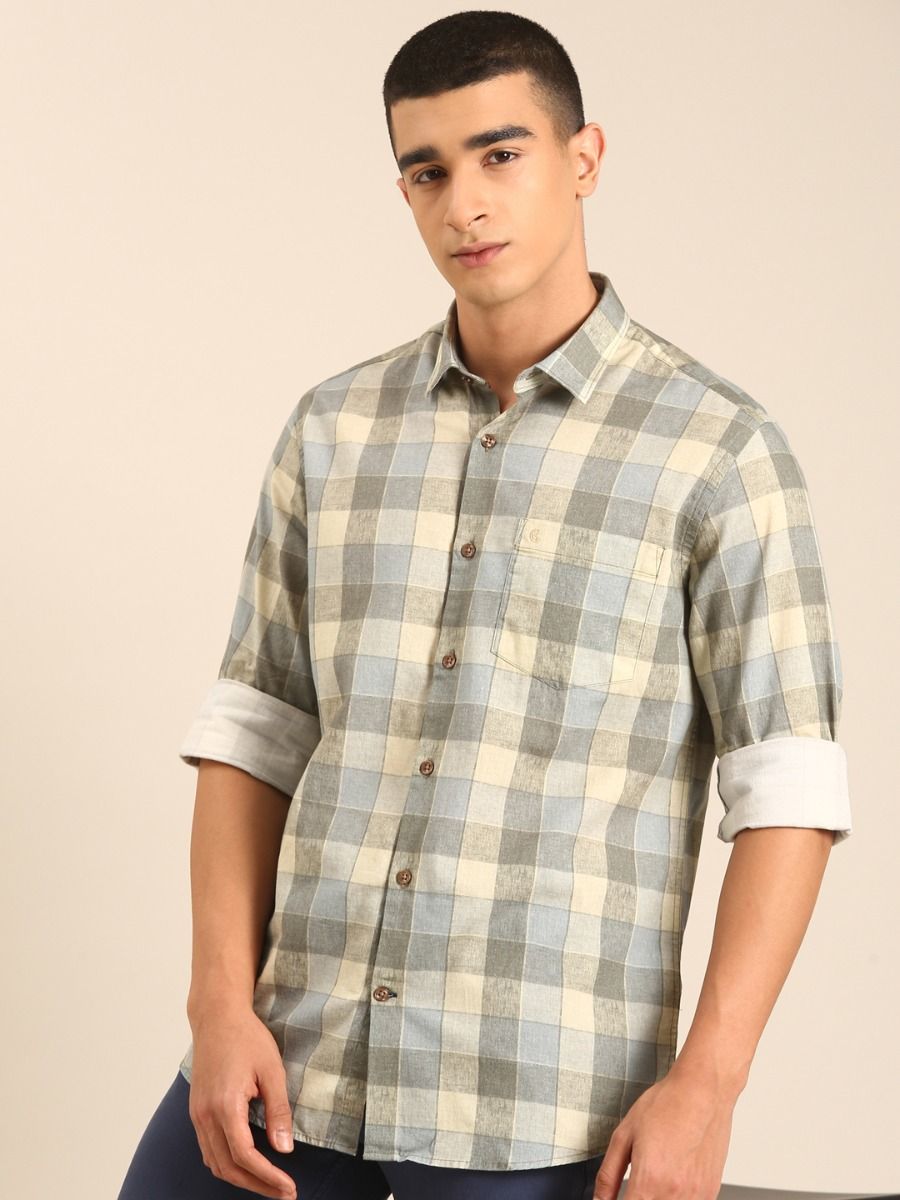 CAVALLO by Linen Club Men's Blended Linen Beige Checkered Contemporary Fit Full Sleeve Casual Shirt