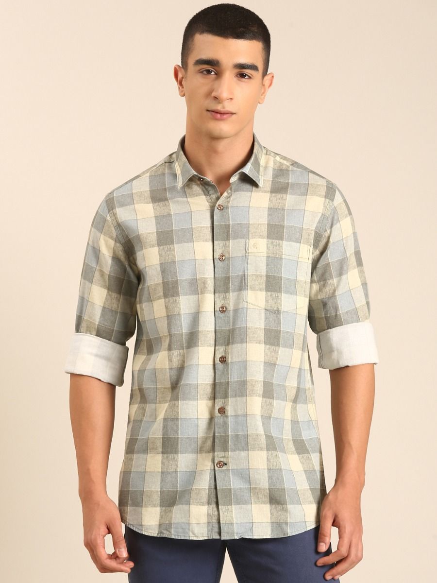 CAVALLO by Linen Club Men's Blended Linen Beige Checkered Contemporary Fit Full Sleeve Casual Shirt