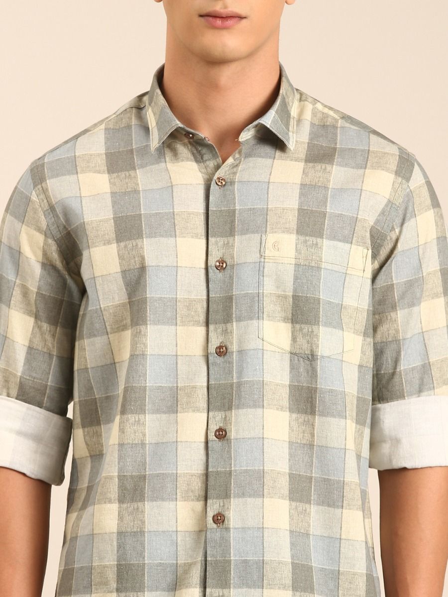 CAVALLO by Linen Club Men's Blended Linen Beige Checkered Contemporary Fit Full Sleeve Casual Shirt