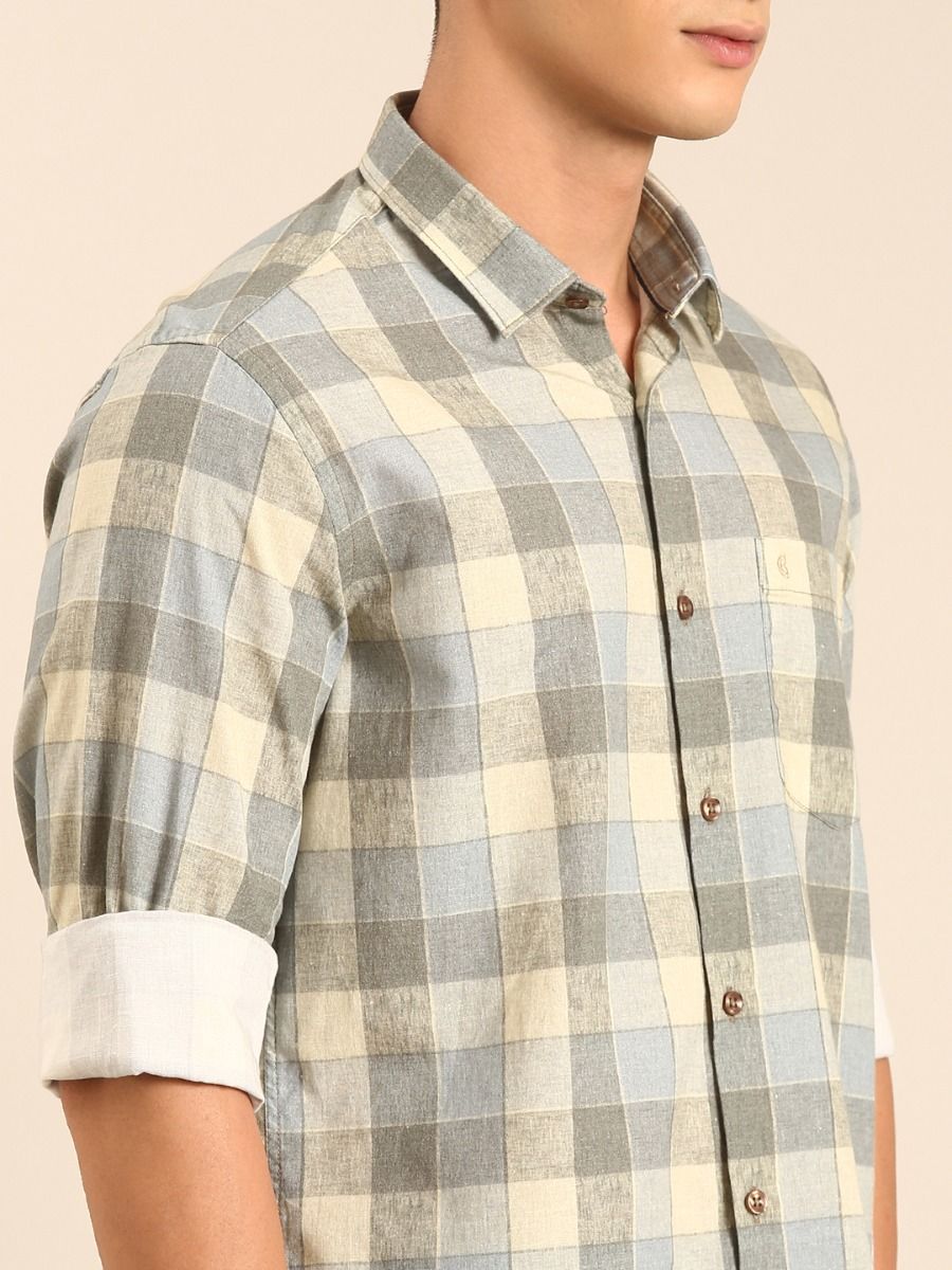 CAVALLO by Linen Club Men's Blended Linen Beige Checkered Contemporary Fit Full Sleeve Casual Shirt