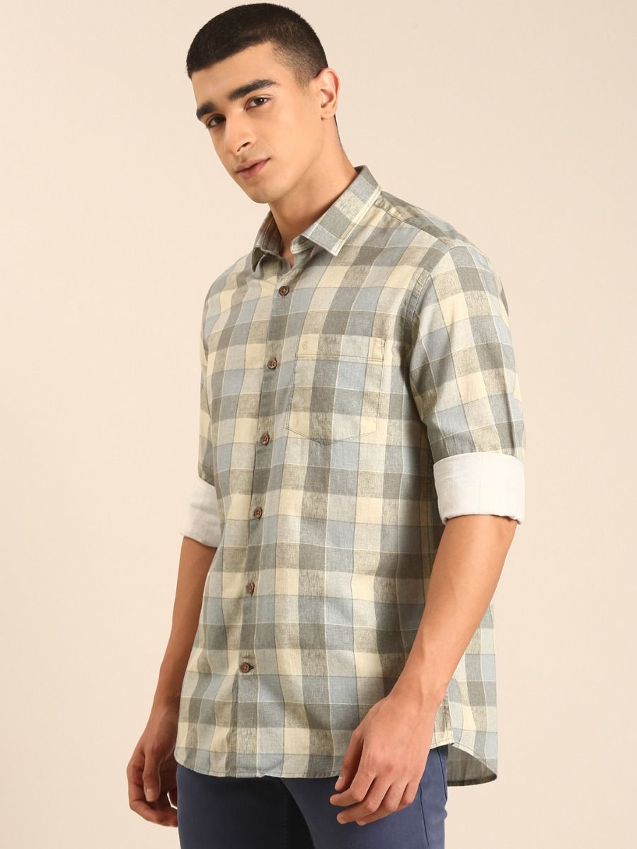 CAVALLO by Linen Club Men's Blended Linen Beige Checkered Contemporary Fit Full Sleeve Casual Shirt