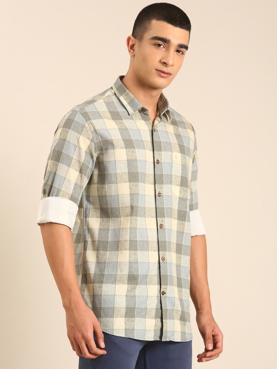 CAVALLO by Linen Club Men's Blended Linen Beige Checkered Contemporary Fit Full Sleeve Casual Shirt