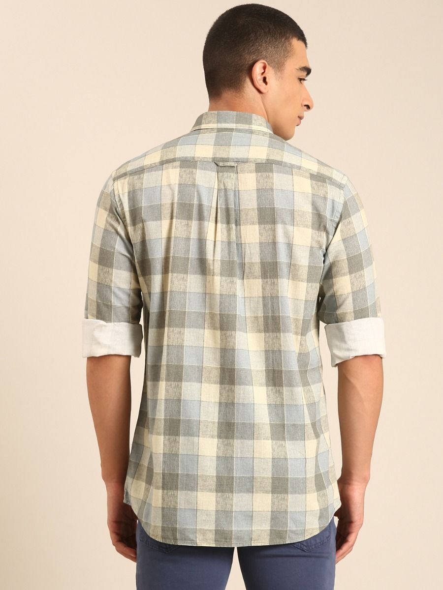 CAVALLO by Linen Club Men's Blended Linen Beige Checkered Contemporary Fit Full Sleeve Casual Shirt